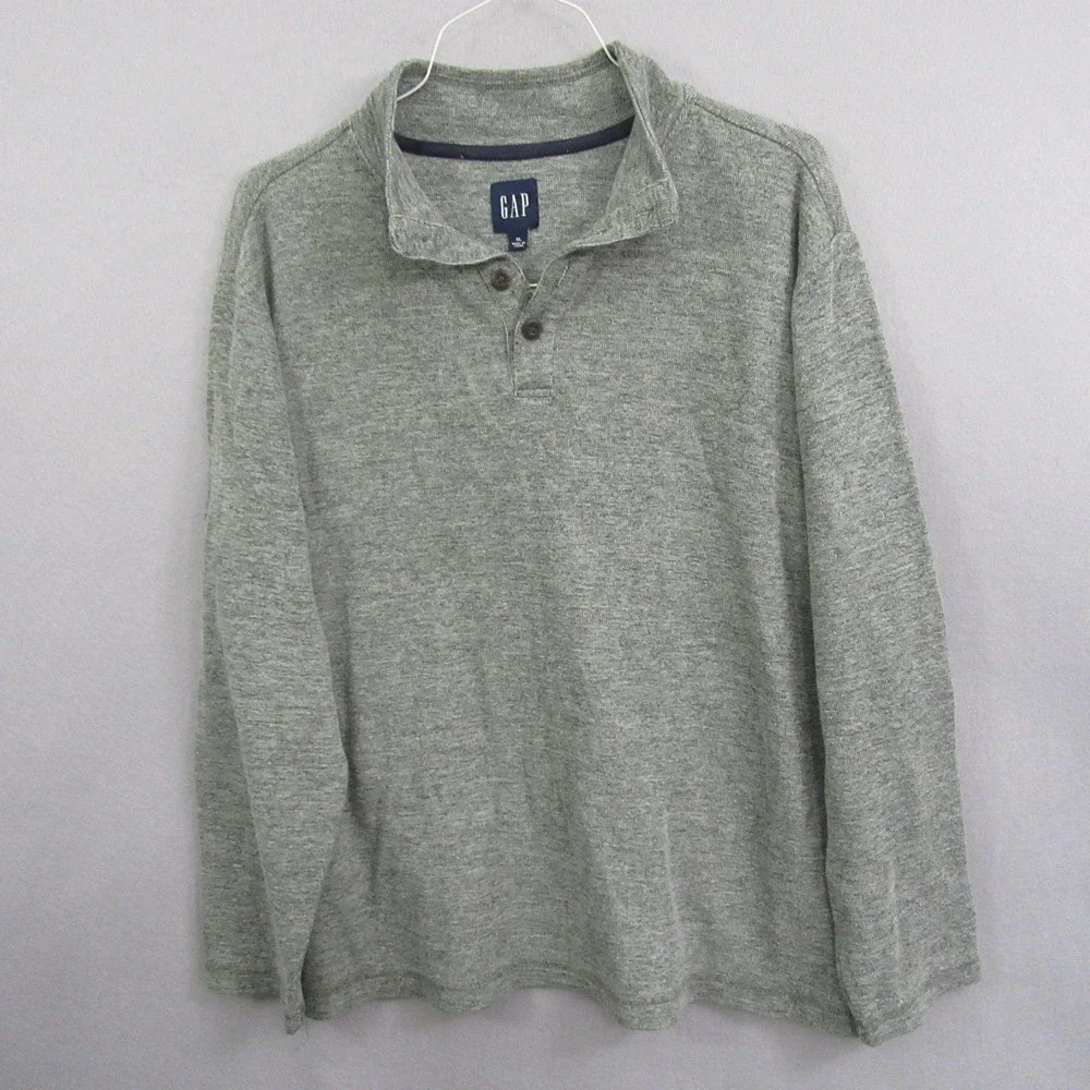 Gap Mens Henley Sweater XL Green‎ Heathered Long Sleeve Button Mock Neck